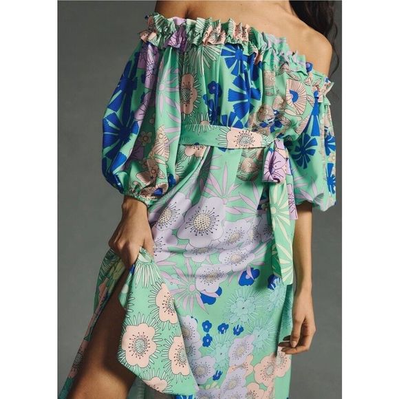 New ANTHROPOLOGIE Oopscool Off-the-Shoulder Printed Dress Sz Small - Picture 4 of 11